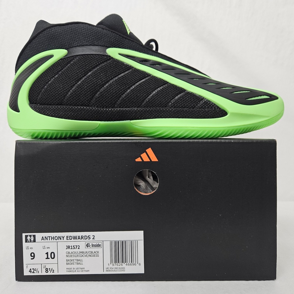 Adidas Anthony Edwards 2 Basketball Shoes JR1572 Black Lime Green Men Size 9